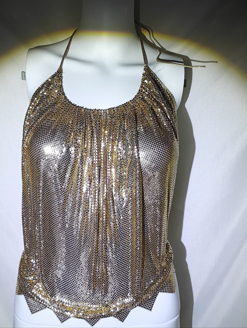 1970s Whiting & Davis Vintage Gold Metal Mesh Halter Top Chainmail Sawtooth